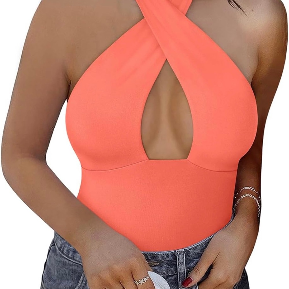 Women's Halter Neck Bodysuit  - Coral